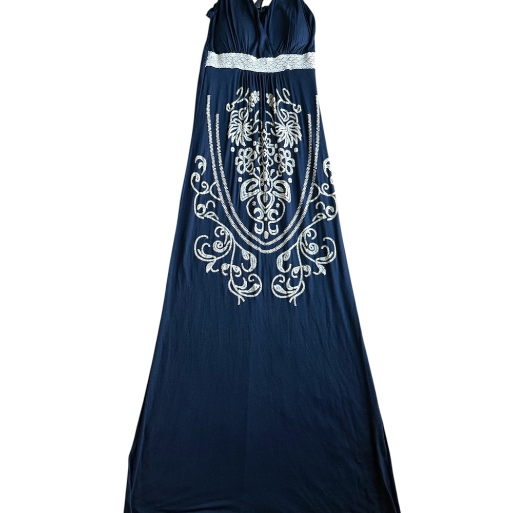Rue 21 Women’s Size S Elegant Print Navy Blue Maxi Summer‎ V Neck Lace Dress